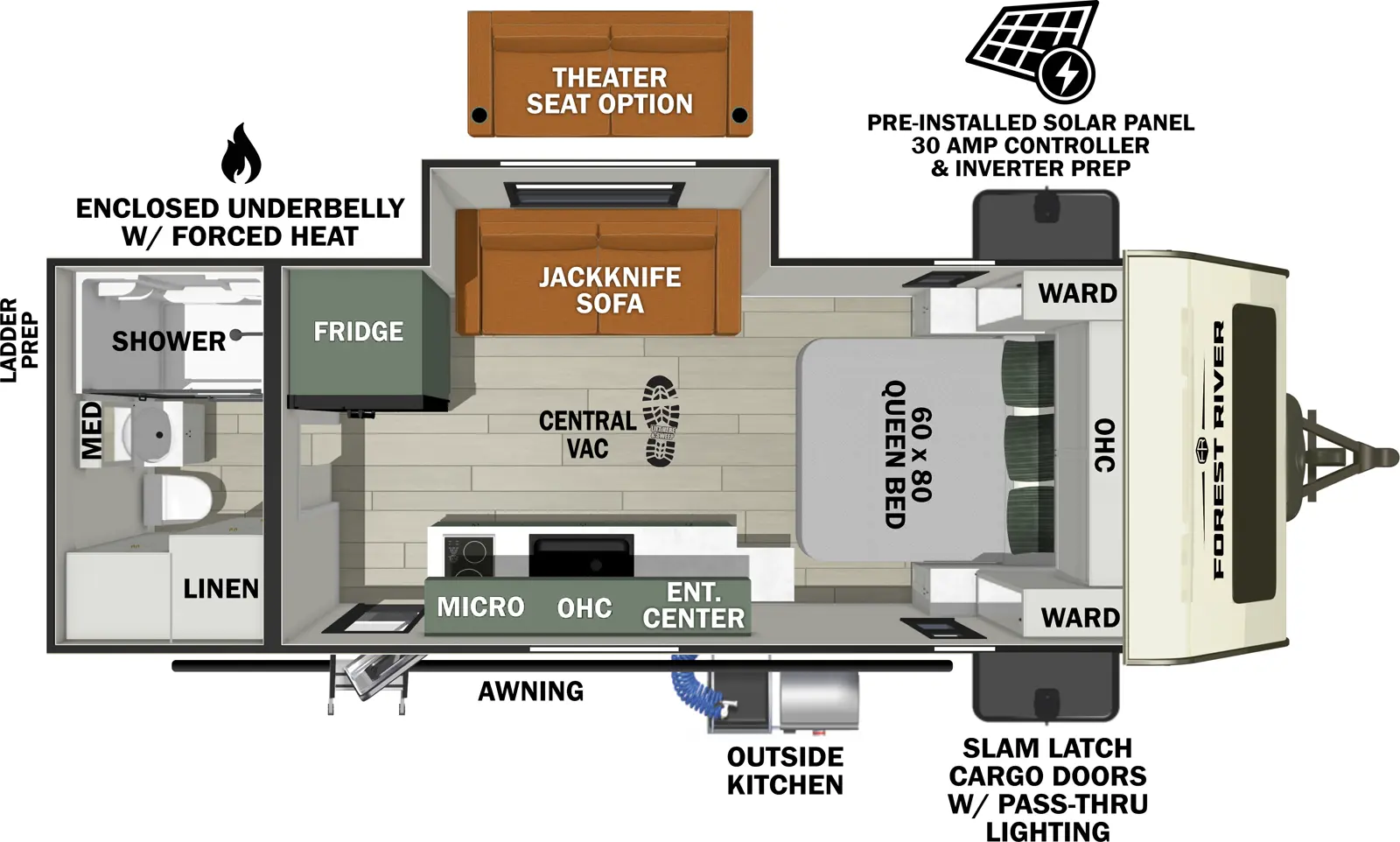 The No Boundaries NB19.4 floorplan has one entry and one slide out. Exterior features include: fiberglass exterior. Interiors features include: front bedroom and rear bathroom.